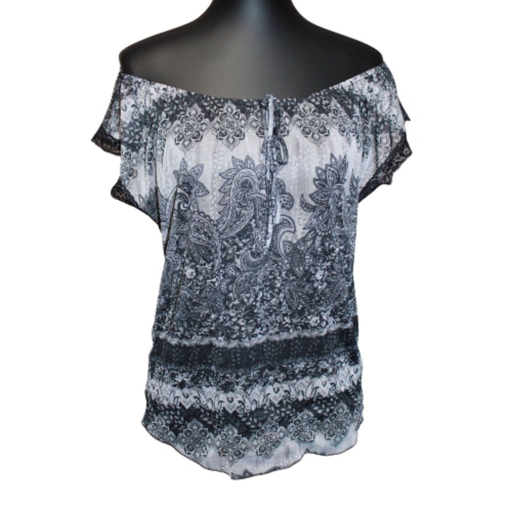 Black White Sheer Paisley Lace Trim Y2K Style Summer Top Blouse Small